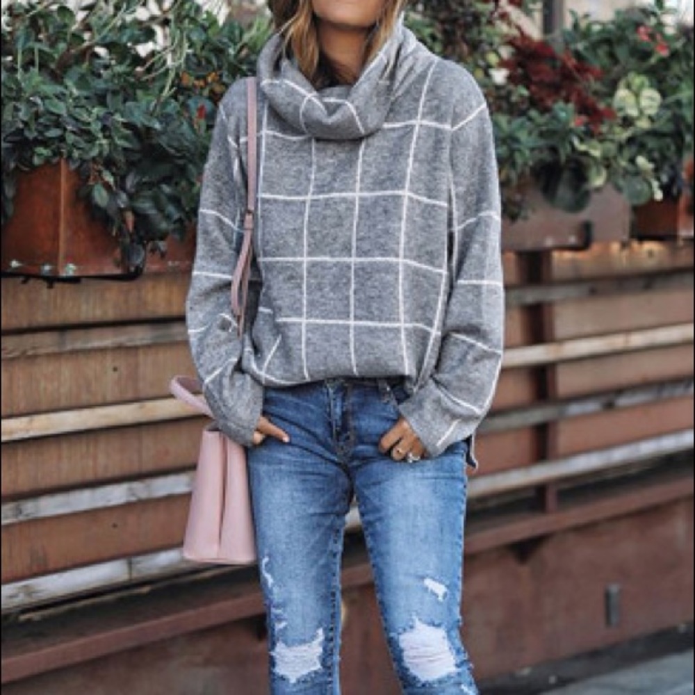 Winter Favorites: Checked Gray Cowl Neck Sweater - Picture 5 of 6